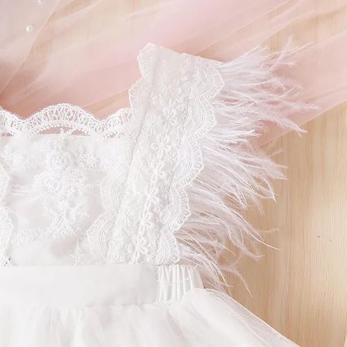 Vista 5 de Vestido de encaje para niñas pequeñas, vestido de encaje con bordado floral, manga de plumas, tul tutú, vestido de fiesta acampanado
