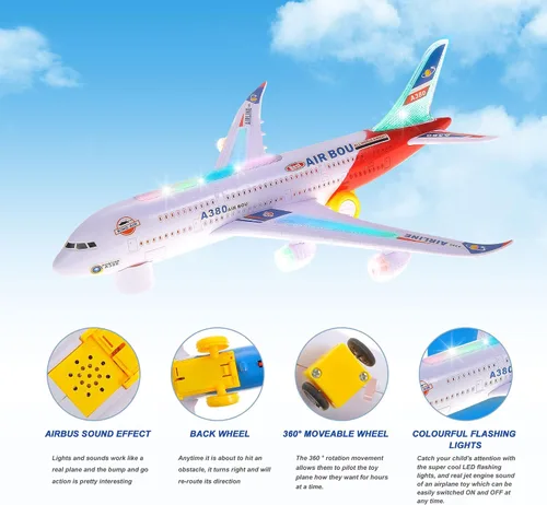 Vista 4 de PowerTRC Juguetes de avión para niños, juguete de acción Bump & Go con luz LED intermitente, música, sonido de avión, gran regalo para niños y niñas