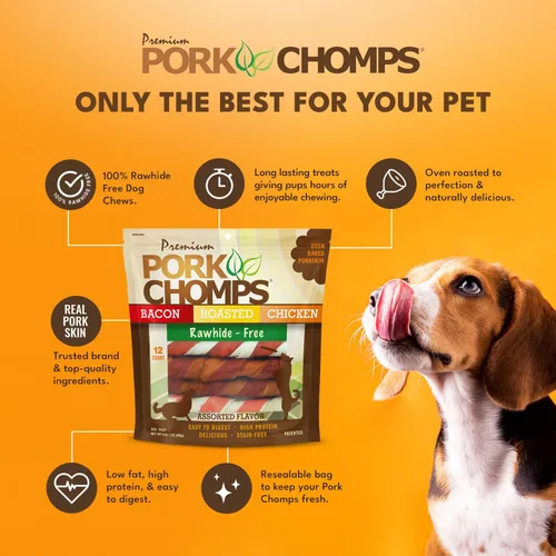 Vista 3 de Pork Chomps Masticables de piel de cerdo horneada para perros, giros de 6 pulgadas, sabores surtidos, 12 unidades Horneado con piel de cerdo real