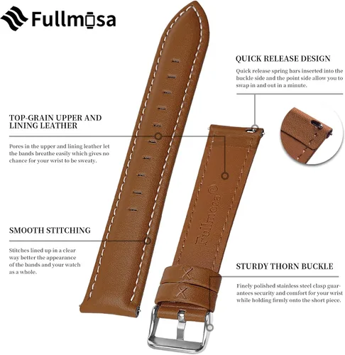 Vista 5 de Fullmosa Genuine Leather 14mm 16mm 18mm 19mm 20mm 22mm and 24mm Watch Bands, Quick Release Watch Band for Men and Women, Fits Samsung Galaxy Watch