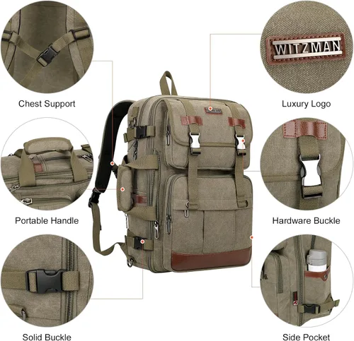 Vista 7 de WITZMAN Mochila de lona con puerto de carga USB, mochila de viaje grande, bolsa de viaje, bolsa de lona para portátil de 17 pulgadas para hombres