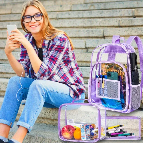 Vista 9 de Mochila transparente de 3 piezas, bolsa de libros transparente resistente, bolsa escolar de lentejuelas transparente, color morado
