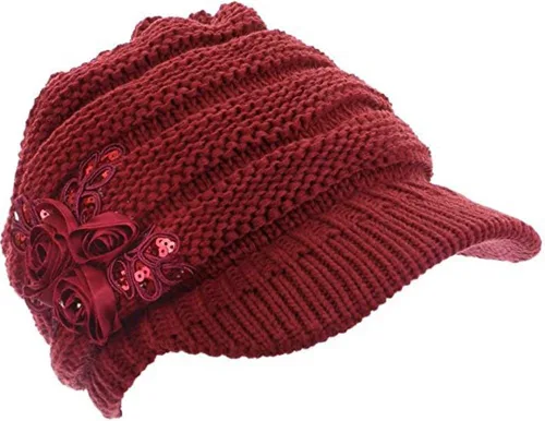 Vista 14 de C-US - Gorro de punto cálido para mujer, con visera de ganchillo con acento de flores
