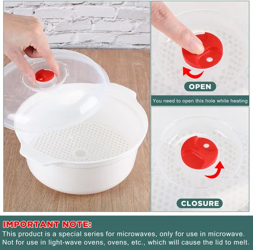 Vista 4 de Bokon 3 cuencos de microondas con tapas, cuencos de sopa de varios tamaños con tapa y estante de vapor, platos aptos para lavavajillas, para fideos