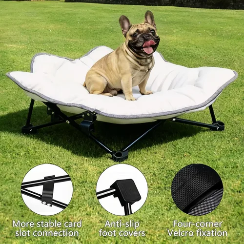 Vista 6 de Cama elevada para perro, cuna para mascotas, cama plegable para perro, cama elevada para gatos para camping, patio trasero, uso en interiores