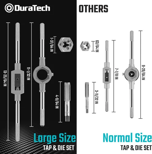 Vista 2 de DURATECH Juego de tarrajas y machuelos de gran tamaño, 23 piezas, estándar, kit de reroscado para roscas internas y externas y extractor