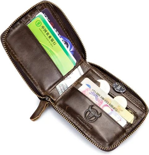 Vista 4 de BULLCAPTAIN Billetera de cuero para hombre con cremallera y bloqueo RFID, monedero (marrón oscuro)