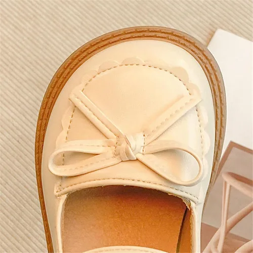 Vista 5 de Sandalias para niñas con diseño de lazo de cuero, punta redonda suave, zapatos planos para vestido de princesa