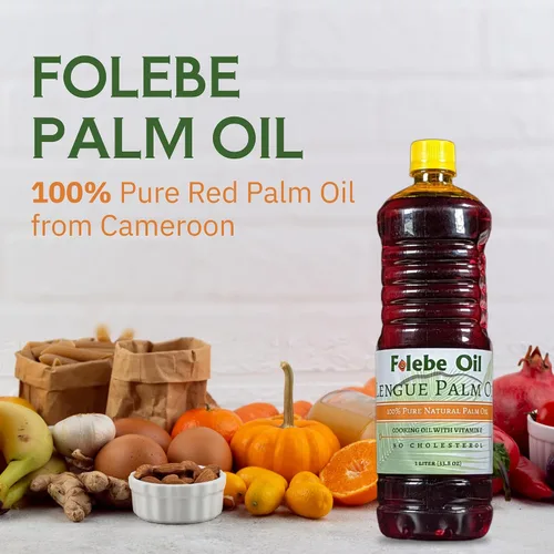 Vista 2 de Folebe Oil Aceite de palma roja natural 100% puro de 1 litro, aceite de palma camerunés auténtico para cocinar, prensado en frío a partir de pulpa