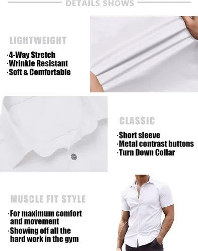 Vista 5 de COOFANDY Camisas de vestir para hombre, sin arrugas, manga corta, casual, con botones