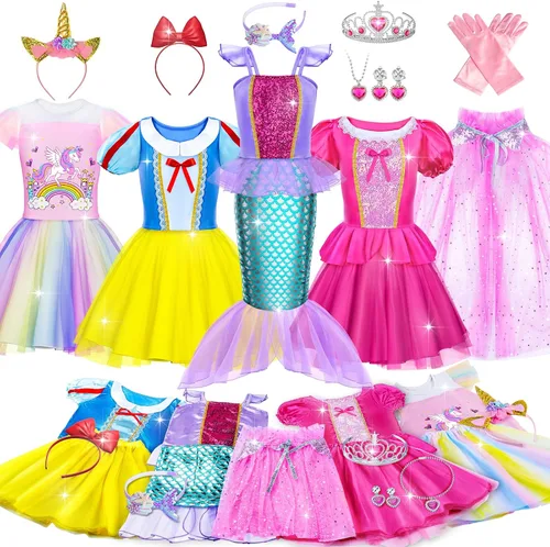 Vista 8 de Tlooe - Vestido de princesa para niñas - Ropa de disfraz para niña pequeña, disfraz de juego de princesa, juguetes de disfraz de princesa, conjunto