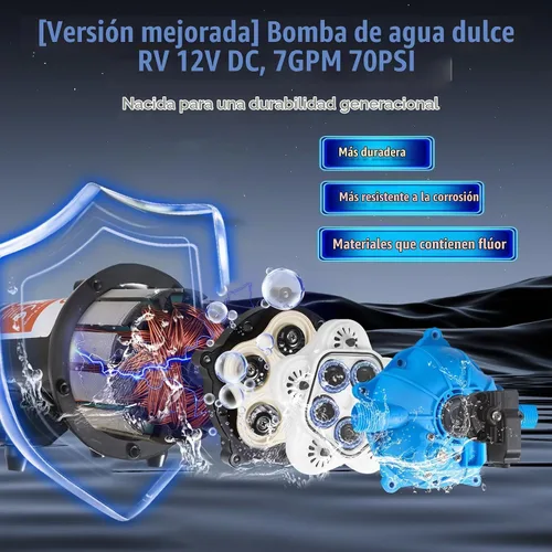 Vista 3 de [Versión mejorada] Bomba de agua dulce de 12V CC para RV, 7GPM 70PSI, bomba de diafragma autocebante de cinco cámaras con interruptor de presión