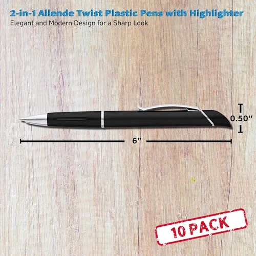 Vista 5 de DISCOUNT PROMOS Allende Twist - 10 bolígrafos de plástico con resaltador, elegante, duradero, tinta negra, color negro