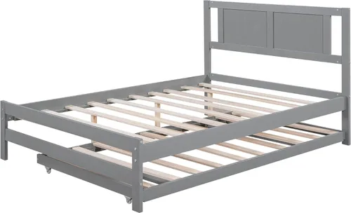 Vista 8 de Harper & Bright Designs Base de cama de tamaño matrimonial con nido ajustable, cama de plataforma matrimonial de madera con cabecero, marco de cama