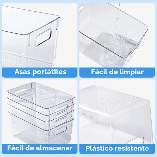 Vista 4 de JollyPack Paquete de 4 cubos de almacenamiento de plástico transparente, organizadores de despensa y almacenamiento con asas, contenedores