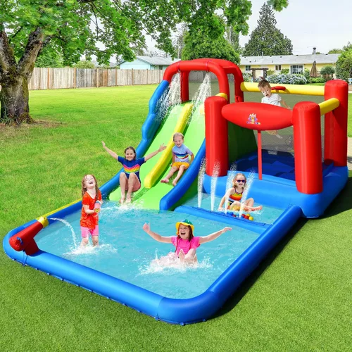 Vista 2 de BOUNTECH Tobogán acuático inflable, 7 en 1 doble tobogán para niños, parque acuático para niños, toboganes de agua inflables para exteriores