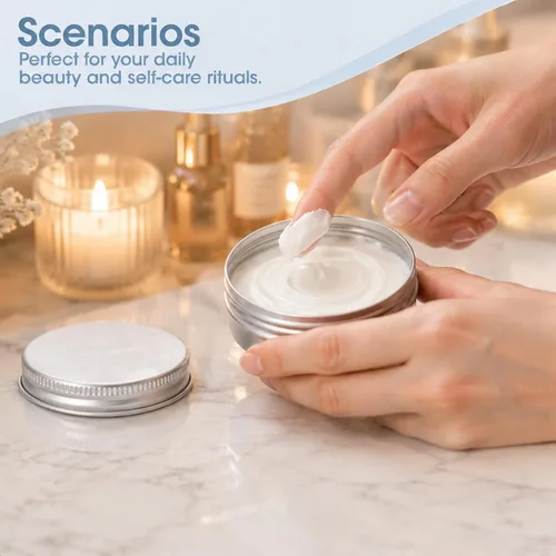 Vista 5 de Paquete de 4 latas redondas de aluminio con tapas, lata de metal pequeña vacía de 2 onzas con tapas de rosca, recipientes recargables para barras