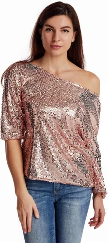 Vista 2 de Camiseta sin mangas con lentejuelas brillantes y hombros descubiertos para mujeres, Blusa, Camiseta para cóctel, informal, con lentejuelas