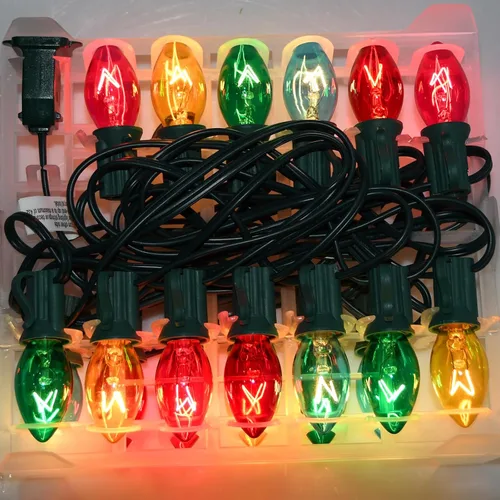 Vista 3 de Paquete de 25 bombillas de repuesto de luces de Navidad C7, bombillas incandescentes de vidrio multicolor transparente, base de candelabro C7/E12