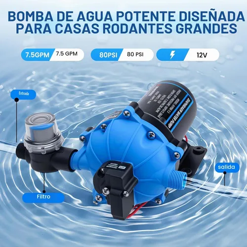 Vista 3 de Bomba de agua RV de 12 V, bomba de diafragma de 5 cámaras de 7.5 GPM 80PSI, autocebante con interruptor de presión resistente y colador para RV