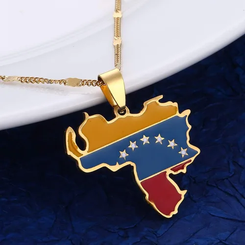 Vista 2 de Collar con colgante de bandera de mapa de Venezuela de acero inoxidable, joyería venezolana Dorado