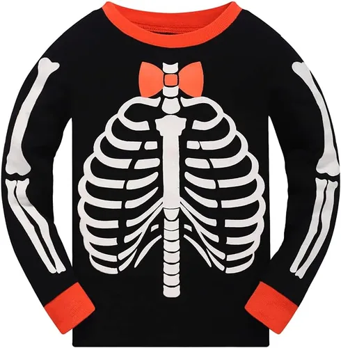 Vista 4 de Pijamas de Halloween para niños y niñas, pijamas de esqueleto que brillan en la oscuridad, pijamas de calabaza para niños, ropa de dormir 100%