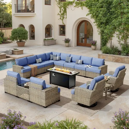 Vista 81 de HOOOWOOO Juego de muebles seccionales de patio con mesa de luz solar, 6 piezas de mimbre para exteriores, sofá en forma de L, juego de conversación