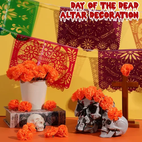 Vista 5 de Cartel de fiesta mexicana de Halloween, 124 unidades, papel picado, Día de los Muertos, banderines de fiesta, Día de los Muertos, flores muertas