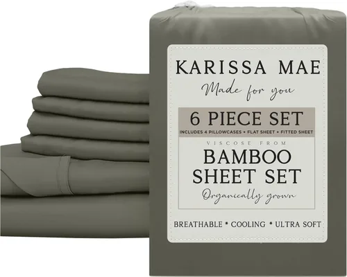 Vista 18 de KARISSA MAE Juego de sábanas de viscosa de bambú de lujo, 100% certificado FSC, refrescante, lujosamente suave, bolsillos profundos de 18 pulgadas