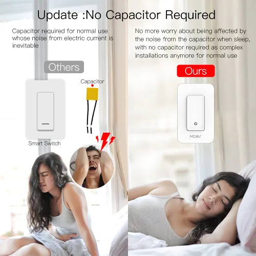 Vista 10 de MOES Interruptor de luz inteligente WiFi, sin cable neutro, sin condensador, no requiere concentrador, botón pulsador de cable vivo único de 2ª