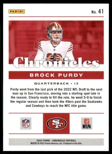 Vista 2 de 2022 Panini Chronicles #41 Brock Purdy San Francisco 49ers RC Tarjeta de Novato Oficial de la NFL de Fútbol Americano en Bruto (Condición NM o Mejor)