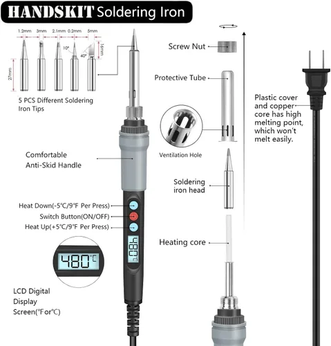 Vista 2 de Kit de soldador electrónico, 21 en 1, soldador de temperatura ajustable de 90 W, 5 puntas de soldador, soporte de soldador, bomba de desoldadura