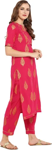 Vista 4 de Janasya Conjunto de túnica de algodón Kurti para mujer (SET025-KR-SP-XL) Rosa, Rosado