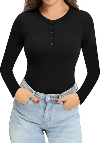 Vista 2 de MANGOPOP Body de manga larga para mujer, con botones, cuello en V, acanalado, camiseta