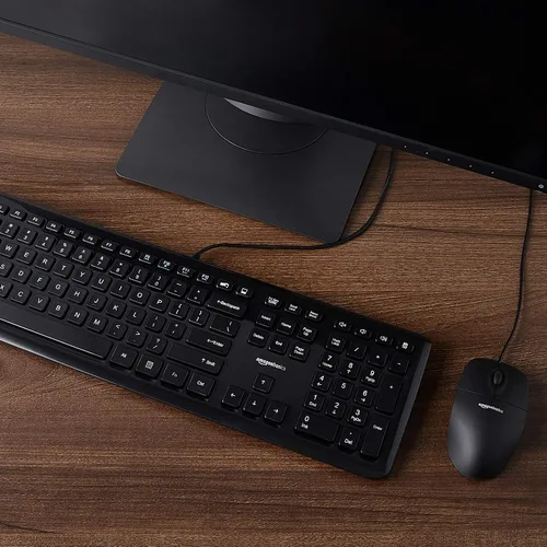 Vista 5 de Amazon Basics - Paquete de teclado y mouse con cable, tamaño completo, diseño QWERTY, negro