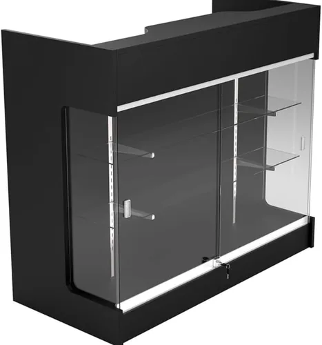 Vista 5 de Wisdomfur Contador de pago minorista de 4 pies con pantalla de vidrio, mostrador de tienda superior con repisa negra con vidrio templado, cajones