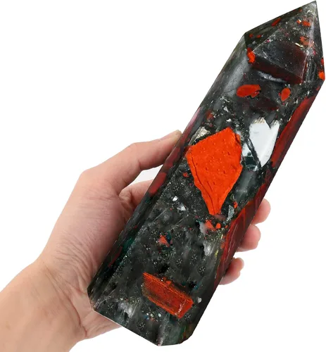 Vista 19 de Torres de cristal de piedra de sangre africana, 6 puntas de cuarzo facetado, obelisco rojo curativo, varita de cristal curativo 0.6-0.8 libras