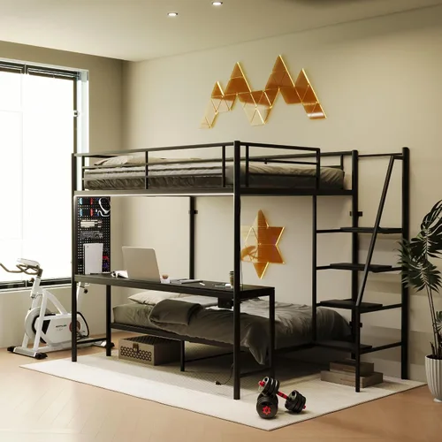 Vista 3 de KEIKI Litera Full sobre Twin con Estación de Carga, Cama Alta de Metal con Escritorio & Protector de Seguridad & Escaleras, Marco de Cama de Metal