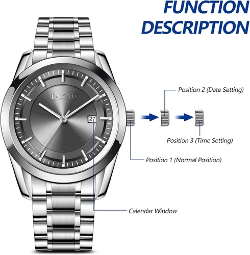 Vista 6 de Taxau Watch for Men, Waterproof Date Dress Large Face Classic Men's Wrist Watch, Minimalist Stainless Steel Analog Quartz Men's Silver Watch