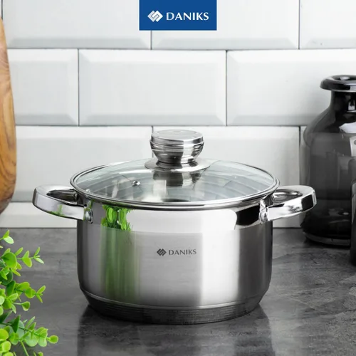 Vista 2 de Daniks Olla Estándar de Acero Inoxidable de 2 Cuartos con Tapa de Vidrio, Fondo Tri-Capa para Calentamiento Uniforme, Compatible con Inducción, Apta