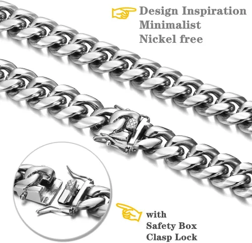 Vista 2 de ROWIN&CO Mens Miami Cuban Link Chain Silver Heavy Stainless Steel Curb Chain Necklace Hip hop Punk Jewelry Choker Chain, 15mm Width 18-36 inch
