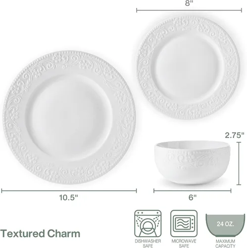 Vista 3 de Pfaltzgraff Charm - Juego de vajilla de 24 piezas, platos de porcelana blanca, cuencos