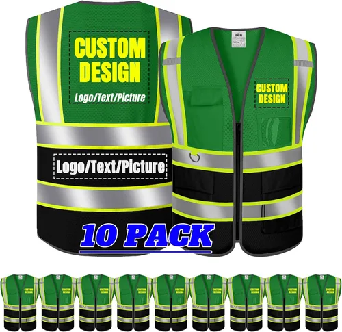 Vista 22 de BeautyWill Chaleco de seguridad con logotipo personalizado Class2 Chaleco reflectante de alta visibilidad con bolsillos y cremallera chaleco