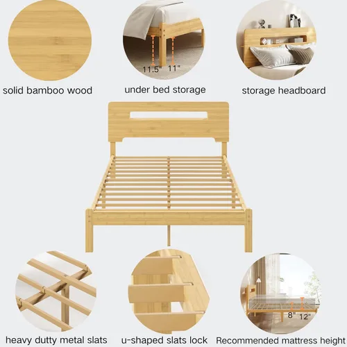 Vista 5 de Base de cama de tamaño matrimonial de 14 pulgadas de bambú con cabecera de almacenamiento, marcos de cama sólidos, soporte de listones de metal