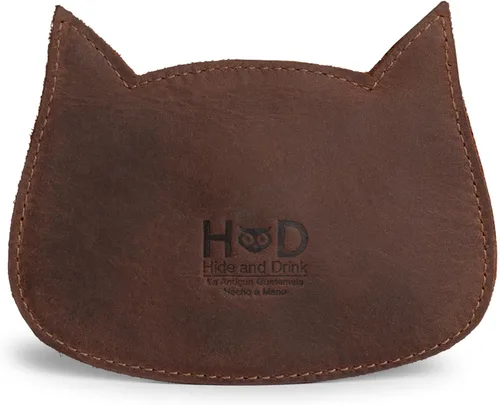 Vista 2 de Hide & Drink, billetera con forma de gato, bolsa para monedas, portamonedas, accesorio de viaje, piel de grano completo, hecha a mano, Bourbon