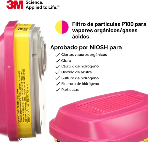 Vista 3 de 3M Cartucho/filtro respirador P100 60923, 1 par, aprobado por NIOSH, ayuda a proteger contra vapores orgánicos, gases ácidos y partículas, magenta