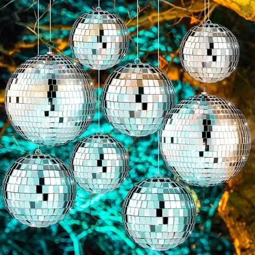 Vista 7 de Haull - Set de 8 bolas de discoteca grandes, bolas de espejo plateadas y reflectantes con anillo para colgar, ornamento para fiesta, decoración