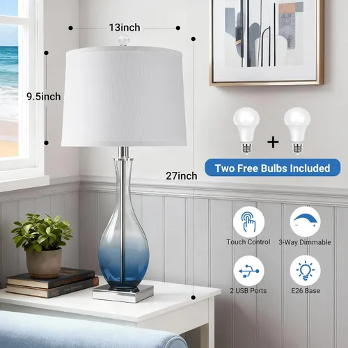 Vista 14 de Juego de 2 lámparas de mesa de cristal de 27 pulgadas con puertos USB, lámparas táctiles para mesita de noche 3-Way Dimmable,E26 Base, Bulbs
