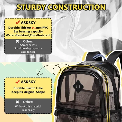 Vista 3 de ASKSKY Mochila transparente aprobada para estadios, 0.020 in de grosor de PVC transparente, resistente mochila transparente para la escuela, PVC