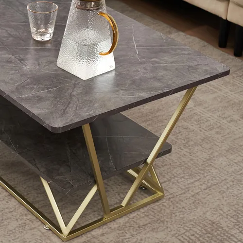Vista 4 de ivinta Mesa auxiliar con almacenamiento, mesa central rectangular moderna con mármol sintético y marco dorado para espacios pequeños, mesa de sala